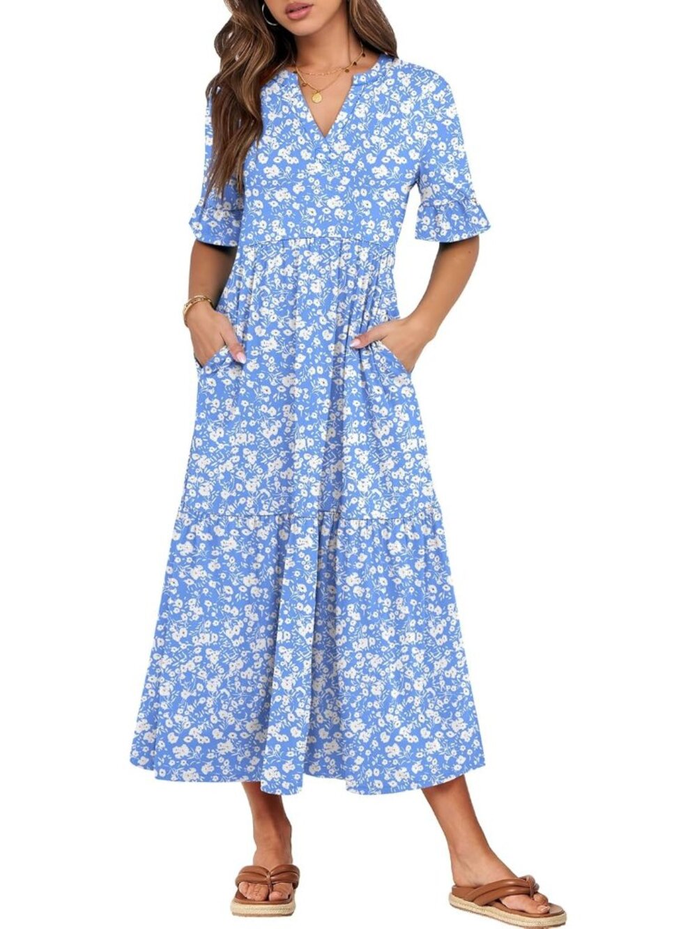 Women's Floral Short Sleeve Maxi Dress V-Neck Tiered with Pockets Dresses
